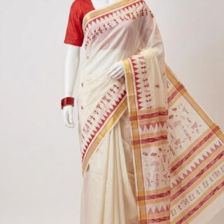 Red White Khadi Silk Saree-front